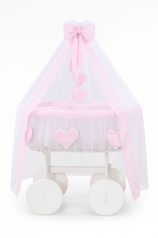 Wiklinowy kosz Mojżesza z baldachimem Deluxe Amelia - biały + różowa pościel