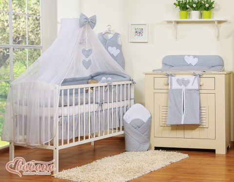 Duża moskitiera do łóżeczka dziecięcego z białego szyfonu z serduszkami i kokardką -kropki na szary