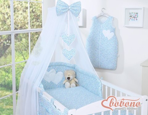 Duża moskitiera do łóżeczka dziecięcego z białego szyfonu z serduszkami i kokardką-łączka niebieska