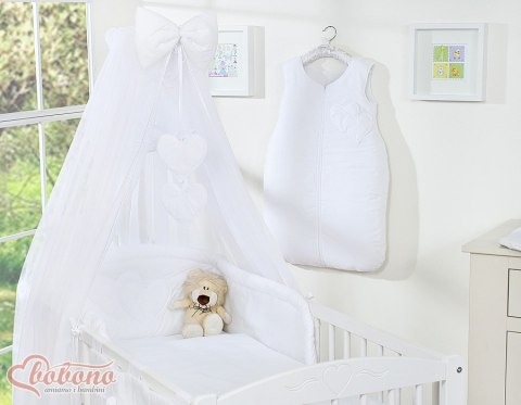 Duża moskitiera do łóżeczka dziecięcego z szyfonu z wiszącymi serduszkami i kokardką - biała