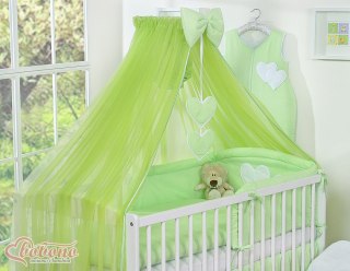 Duża moskitiera do łóżeczka dziecięcego z szyfonu z wiszącymi serduszkami i kokardką - zielona