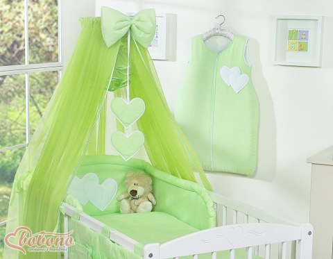 Duża moskitiera do łóżeczka dziecięcego z szyfonu z wiszącymi serduszkami i kokardką - zielona