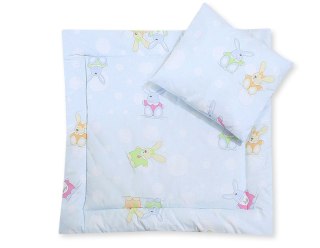 Pościel do wózka z wypełnieniem kołderka i poduszka - Wesołe zające błękitne