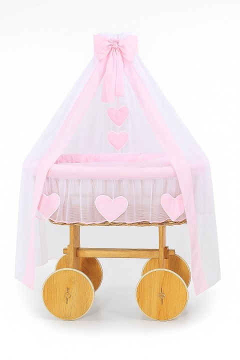 Wiklinowy kosz Mojżesza z baldachimem Deluxe Amelia - naturalny + różowa pościel