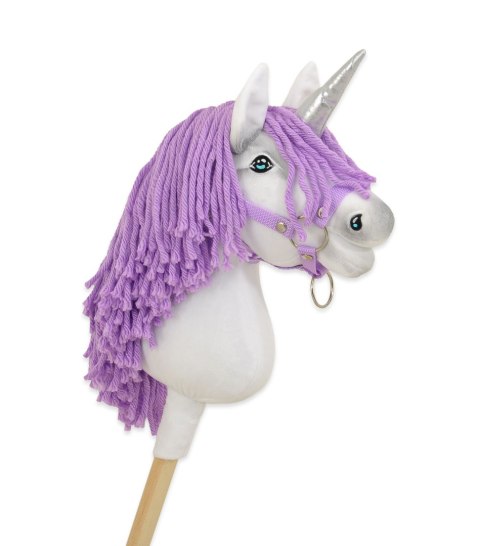 Hobby Horse Jednorożec na kiju biały, grzywa fioletowa i srebrny róg A4