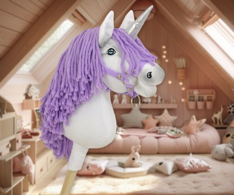 Hobby Horse Jednorożec na kiju biały, grzywa fioletowa i srebrny róg A4