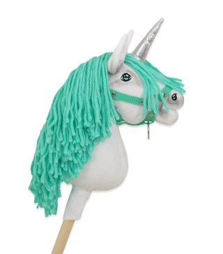 Hobby Horse Jednorożec na kiju biały, grzywa miętowa i srebrny róg A4