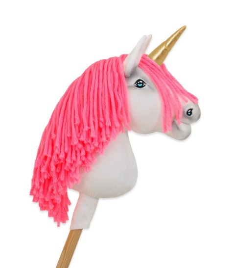 Hobby Horse Jednorożec na kiju biały, grzywa neonowy róż i złoty róg A4