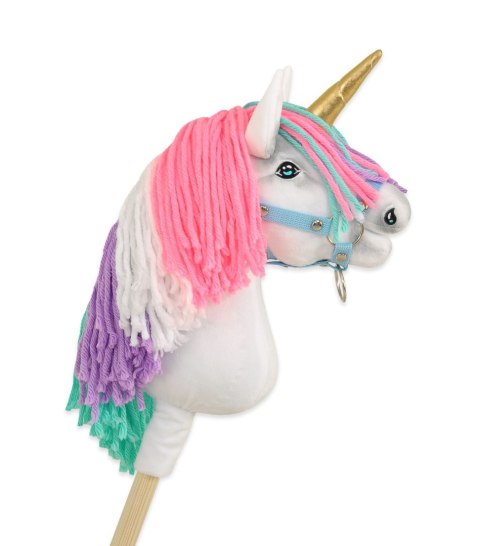 Hobby Horse Jednorożec na kiju biały z kolorową grzywą i złotym rogiem A4