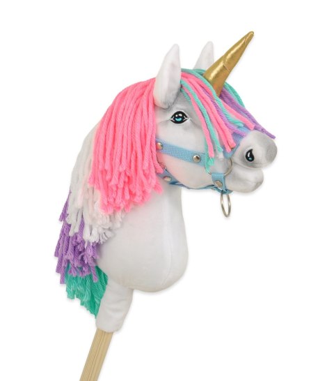Hobby Horse Jednorożec na kiju biały z kolorową grzywą i złotym rogiem A4