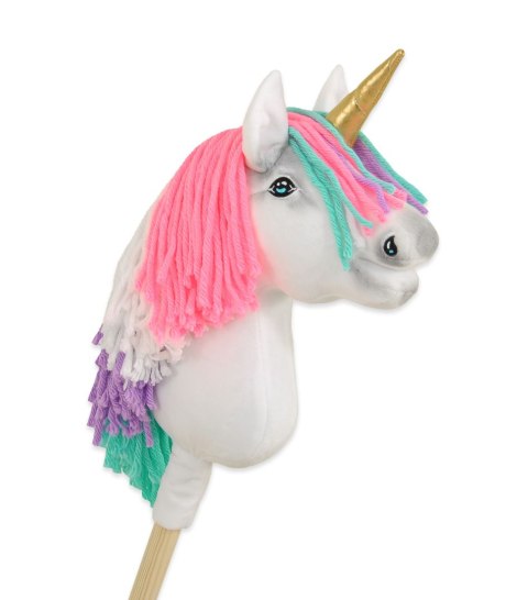 Hobby Horse Jednorożec na kiju biały z kolorową grzywą i złotym rogiem A4