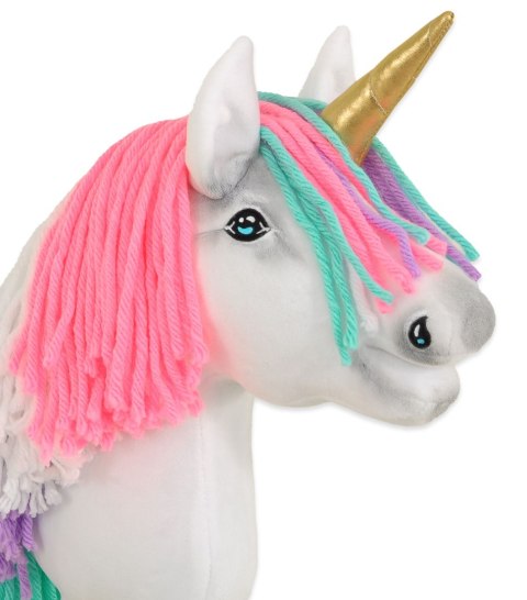 Hobby Horse Jednorożec na kiju biały z kolorową grzywą i złotym rogiem A4