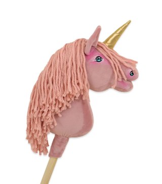 Hobby Horse Jednorożec na kiju brudny róż z różową grzywą i złotym rogiem A4