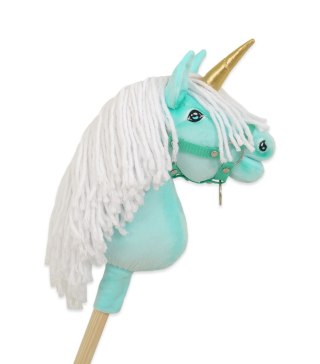 Hobby Horse Jednorożec na kiju miętowy z białą grzywą i złotym rogiem A4