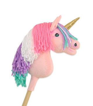 Hobby Horse Jednorożec na kiju różowy z kolorową grzywą i złotym rogiem A4