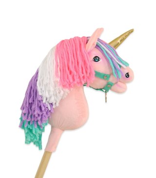 Hobby Horse Jednorożec na kiju różowy z kolorową grzywą i złotym rogiem A4