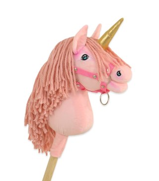 Hobby Horse Jednorożec na kiju różowy z różową grzywą i złotym rogiem A4