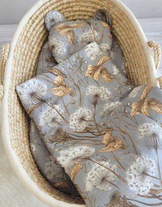 Kołderka z wypełnieniem i poduszka profilowana Miś - zestaw 2cz. - Dmuchawce na szarości