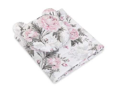 Kołderka z wypełnieniem i poduszka profilowana Miś - zestaw 2cz. - Romantic peonies