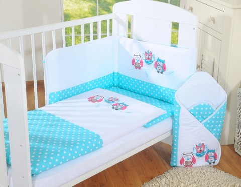 Komplet pościeli dla dzieci 120x90cm z ochraniaczem 3-cz Sówki turkusowe z haftem różowo-turkusowym