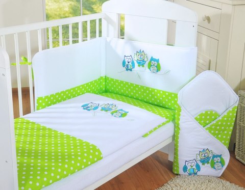 Komplet pościeli dla dzieci 135x100cm z ochraniaczem 3-cz Sówki zielone z haftem zielono-turkusowym