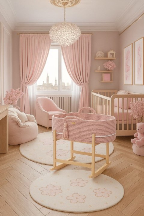 Kosz Mojżesza BOHO Handmade z kołyską - pastel pink
