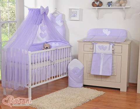 Duża moskitiera do łóżeczka dziecięcego z szyfonu z wiszącymi serduszkami i kokardką - fioletowa