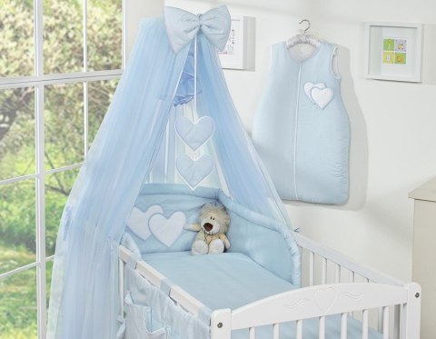 Duża moskitiera do łóżeczka dziecięcego z szyfonu z wiszącymi serduszkami i kokardką - niebieska