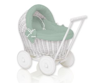 Wiklinowy wózek dla lalek pchacz biały z szałwiową pościelką i miękką wyściółką STELLA