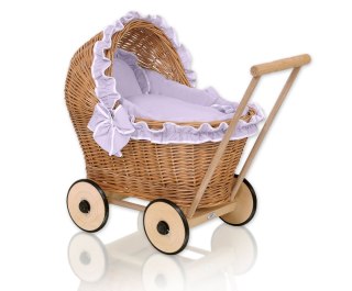 Wiklinowy wózek dla lalek pchacz z fioletową pościelką i miękką wyściółką CHIARA - naturalny