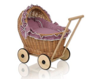 Wiklinowy wózek dla lalek pchacz z pościelką róż retro i miękką wyściółką CHIARA - naturalny