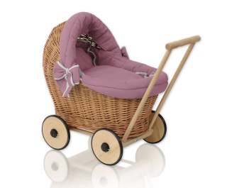 Wiklinowy wózek dla lalek pchacz z pościelką róż retro i miękką wyściółką STELLA - naturalny