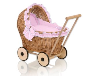 Wiklinowy wózek dla lalek pchacz z różową pościelką i miękką wyściółką CHIARA - naturalny