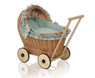 Wiklinowy wózek dla lalek pchacz z szałwiową pościelką i miękką wyściółką CHIARA - naturalny