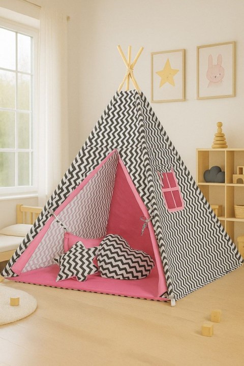 Namiot TIPI dla dzieci + mata + poduszki + zawieszki pióra - Chevron czarny/ciemny róż