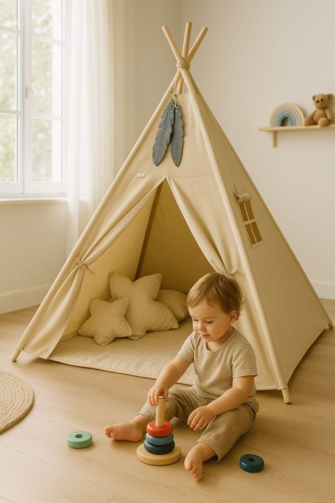 Namiot TIPI dla dzieci + mata + poduszki + zawieszki pióra - beżowy