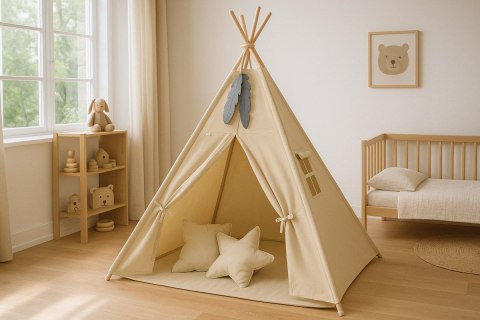 Namiot TIPI dla dzieci + mata + poduszki + zawieszki pióra - beżowy