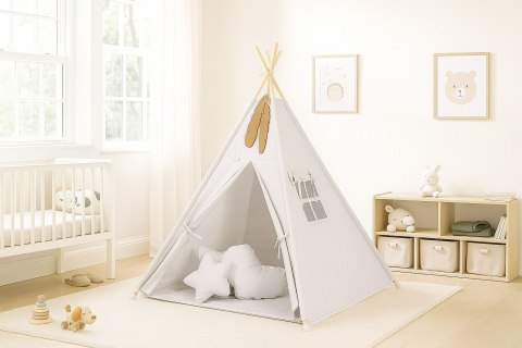 Namiot TIPI dla dzieci + mata + poduszki + zawieszki pióra - szary