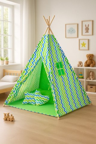 Namiot Tipi dla dzieci+ zawieszki pióra - Chevron zielono-niebieski