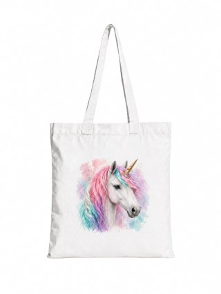 Torba bawełniana z białym jednorożcem z kolorową grzywą - 38 × 42 cm