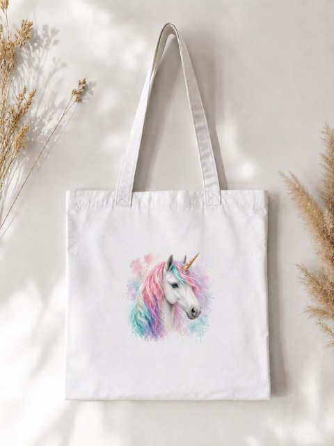 Torba bawełniana z białym jednorożcem z kolorową grzywą - 38 × 42 cm