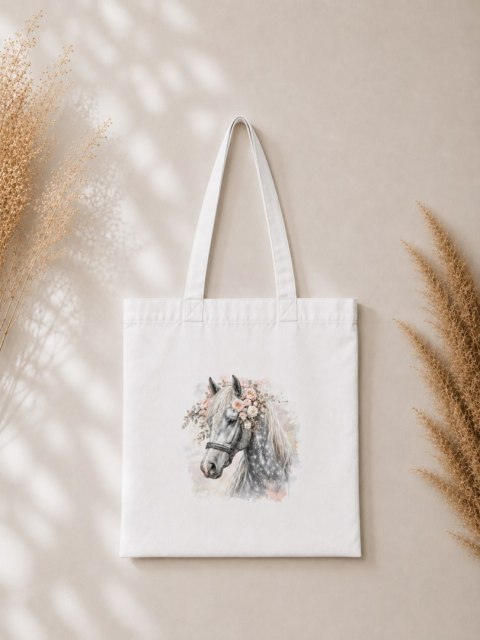 Torba bawełniana z koniem siwkiem jabłkowitym z białą grzywą - 38 × 42 cm