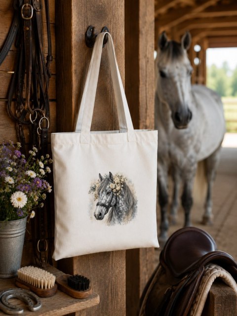 Torba bawełniana z koniem siwkiem jabłkowitym z siwą grzywą - 38 × 42 cm