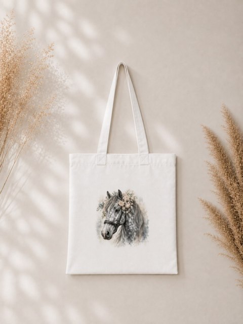 Torba bawełniana z koniem siwkiem jabłkowitym z siwą grzywą - 38 × 42 cm