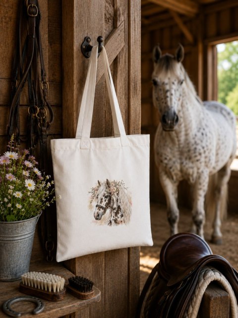 Torba bawełniana z koniem tarantowatym biało-brązowym z białą grzywą - 38 × 42 cm