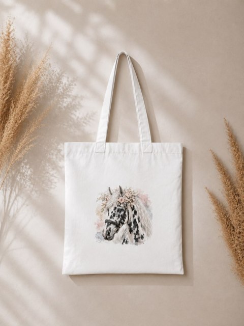 Torba bawełniana z koniem tarantowatym biało-czarnym z białą grzywą - 38 × 42 cm