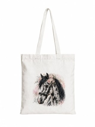 Torba bawełniana z koniem tarantowatym biało-czarnym z czarną grzywą - 38 × 42 cm