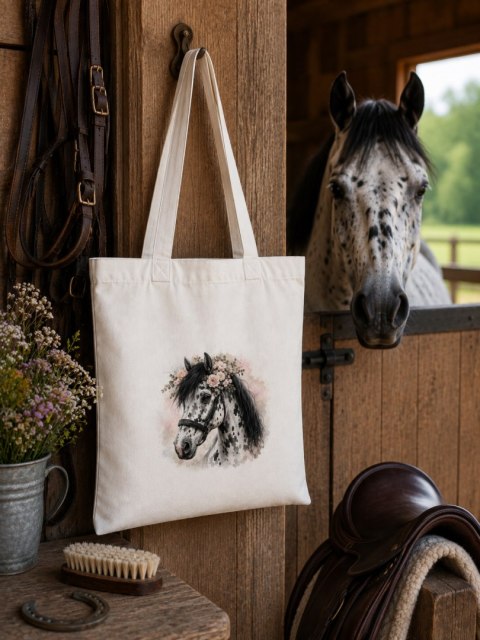 Torba bawełniana z koniem tarantowatym biało-czarnym z czarną grzywą - 38 × 42 cm