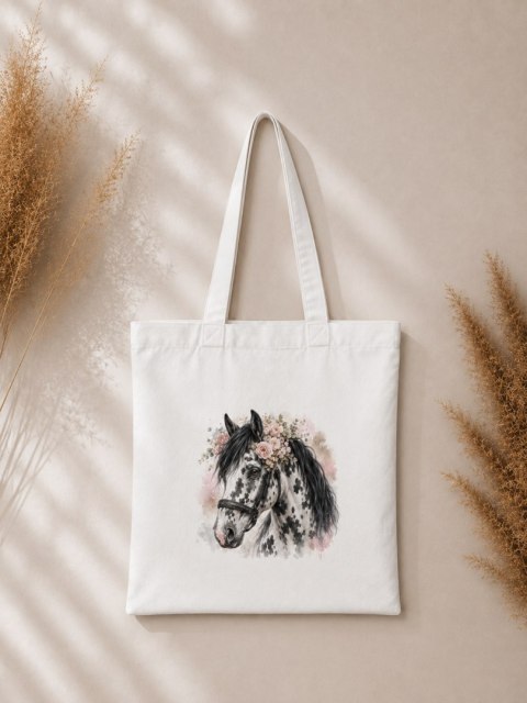 Torba bawełniana z koniem tarantowatym biało-czarnym z czarną grzywą - 38 × 42 cm