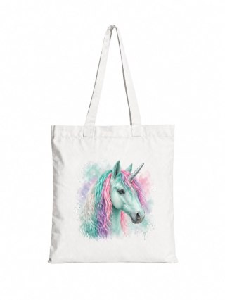 Torba bawełniana z miętowym jednorożcem z kolorową grzywą - 38 × 42 cm